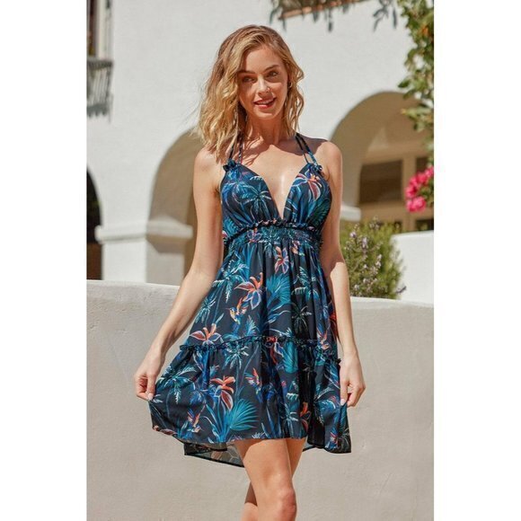 Cupshe Pacific Beach Halter Neck‎ Floral Backless A-Shape Dress Multi-Color Sz S - Picture 1 of 12